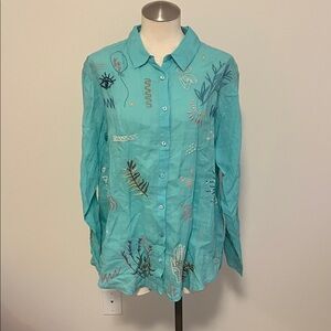 Johnny Was Aqua Embroidered Button Down Shirt
